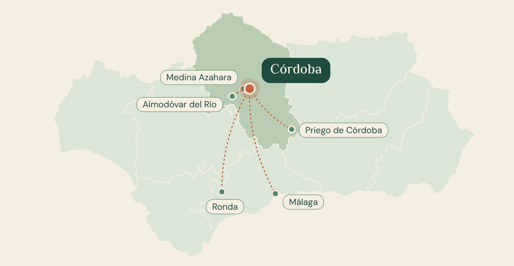 Map of Andalusia with Córdoba as the starting city and day trips to Medina Azahara, Almodóvar del Río, Priego de Córdoba, Ronda and Málaga.