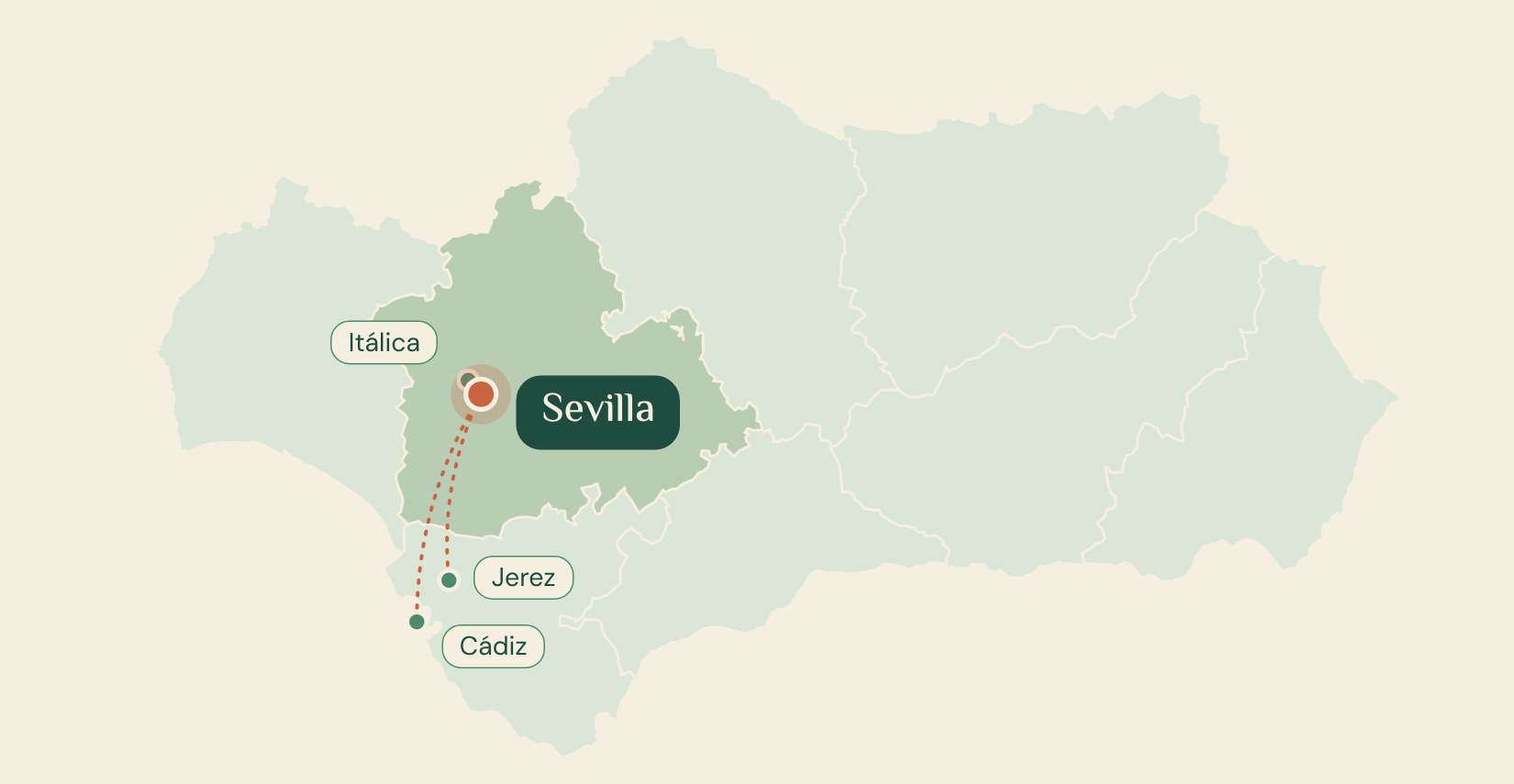 Mapa de Andalucía con Sevilla como ciudad de salida y las excursiones a Itálica, Jerez y Cádiz.