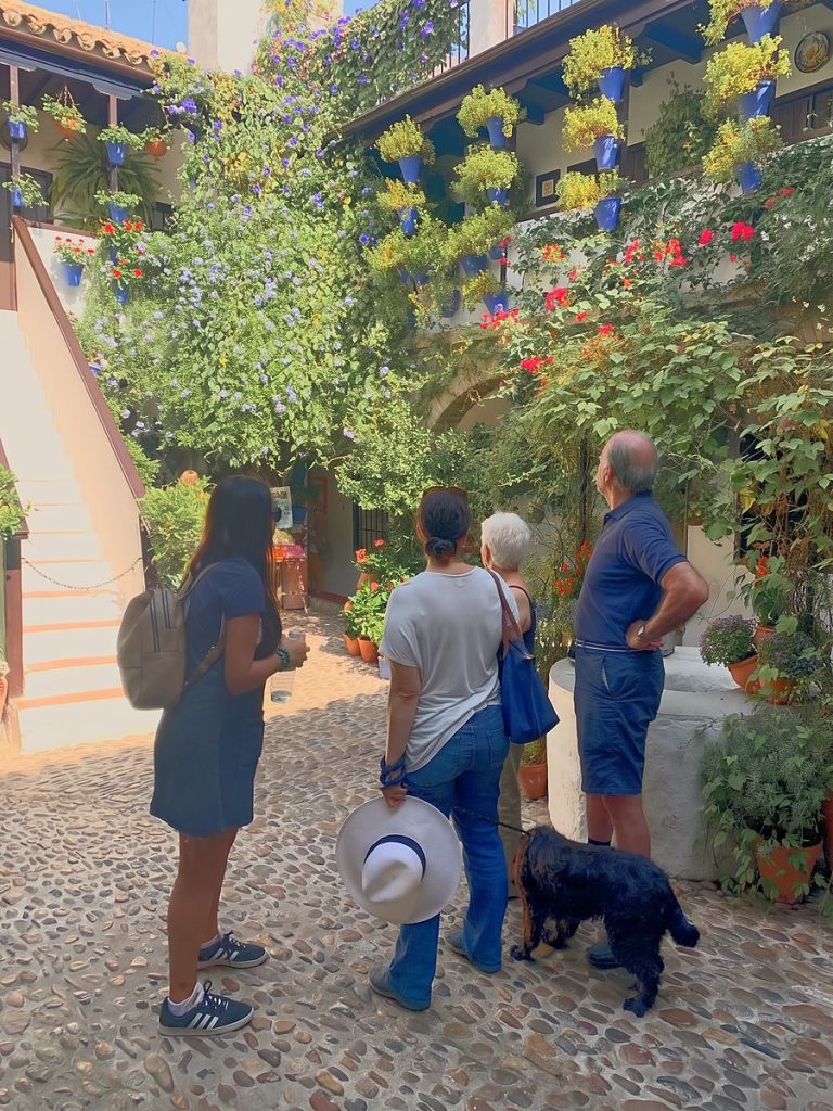 Un pequeño grupo contempla un patio cordobés cubierto de flores durante una visita guiada.